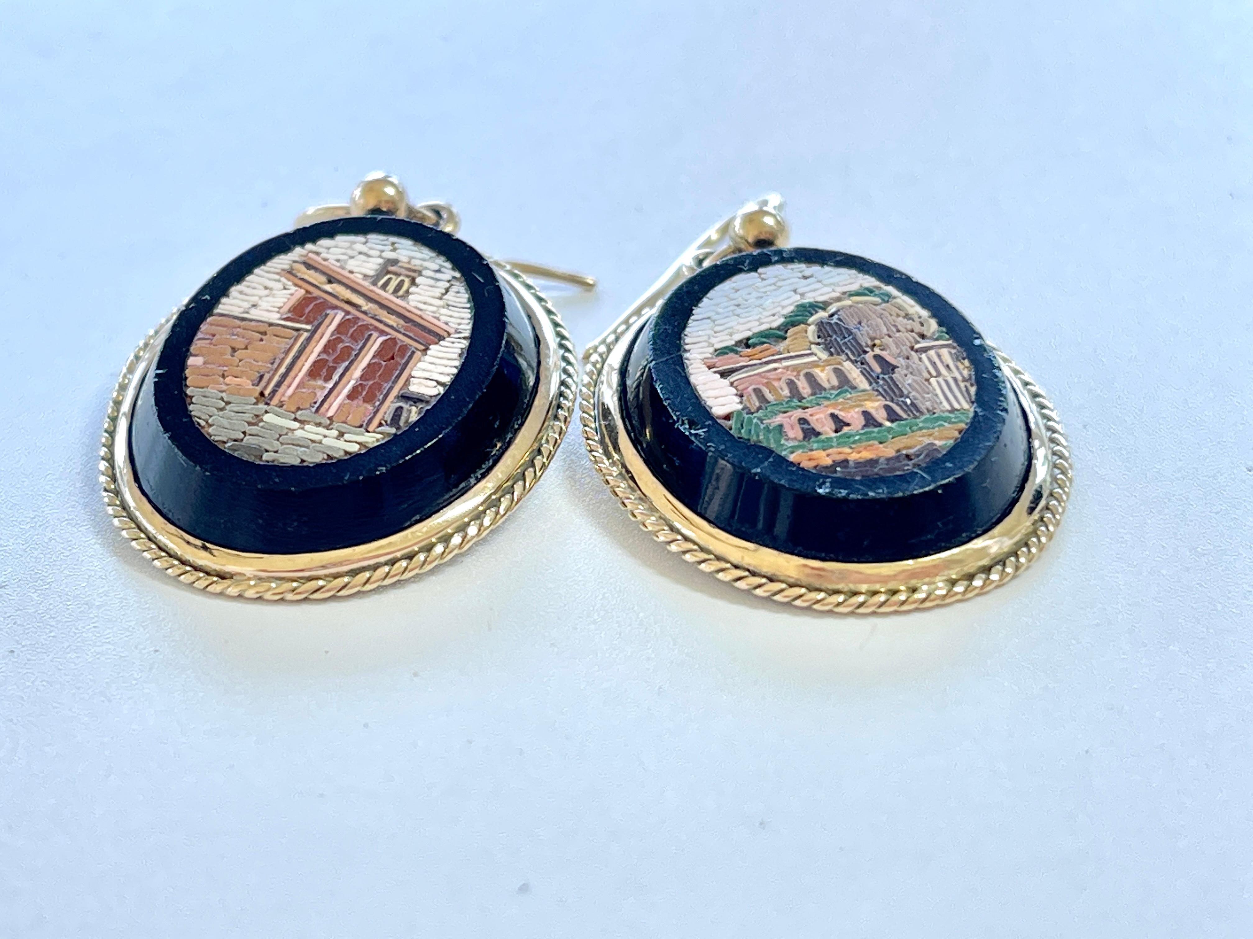 Antique Victorian Micro Mosaic Earrings Roman Ruins 15ct Yellow Gold c1880s Rare For Sale 5