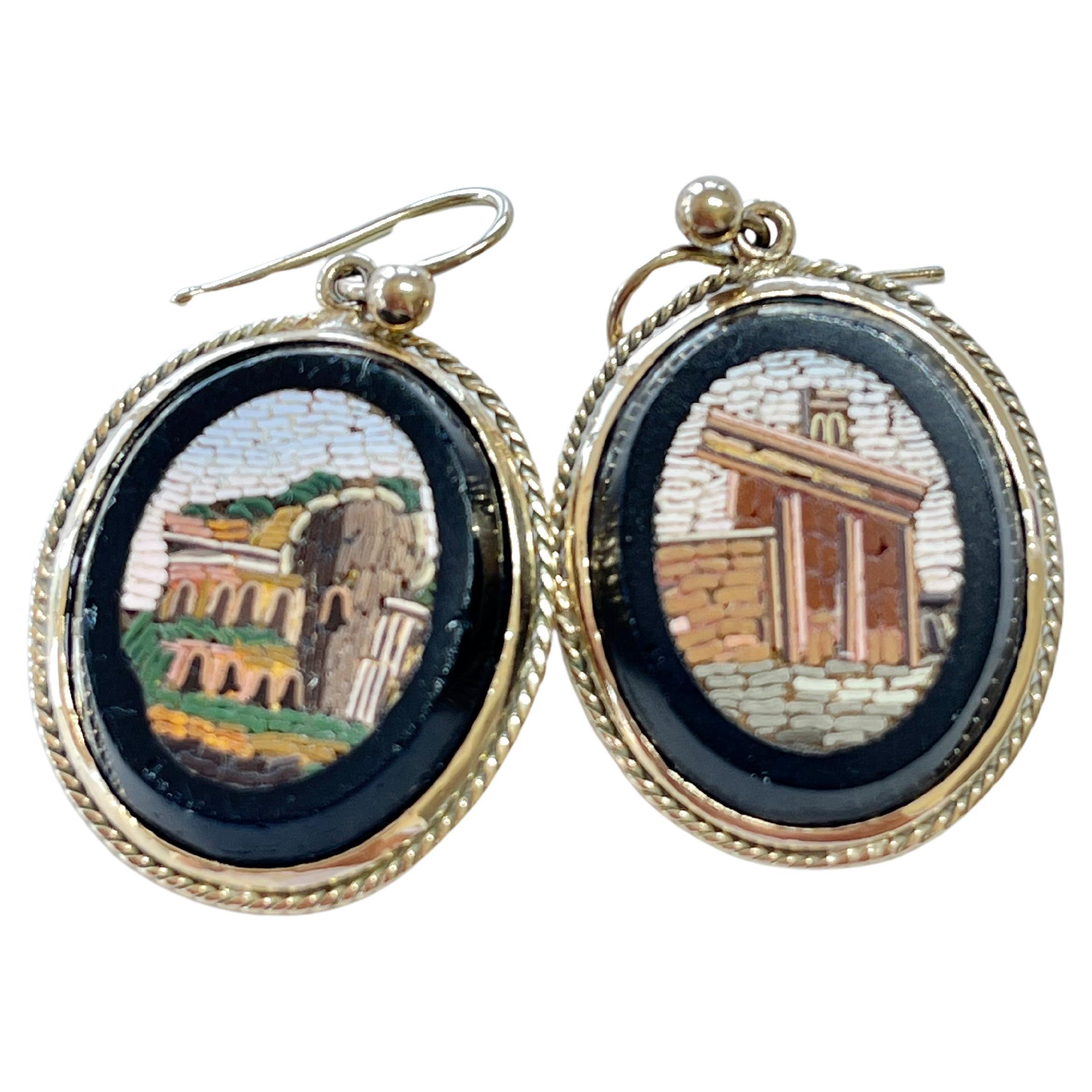 Antique Victorian Micro Mosaic Earrings Roman Ruins 15ct Yellow Gold c1880s Rare For Sale