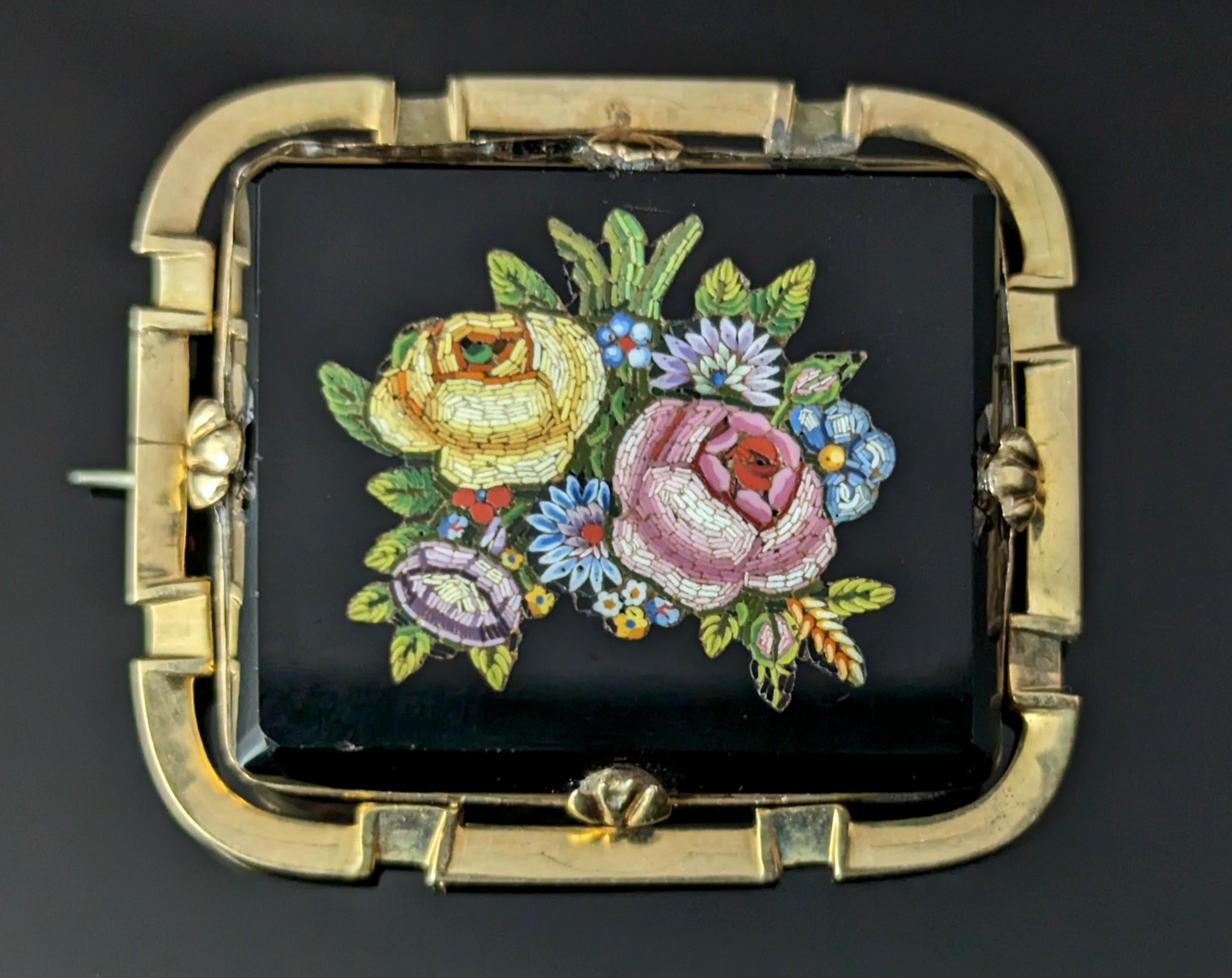 Antique Victorian Micro Mosaic flower brooch, 9k gold  6