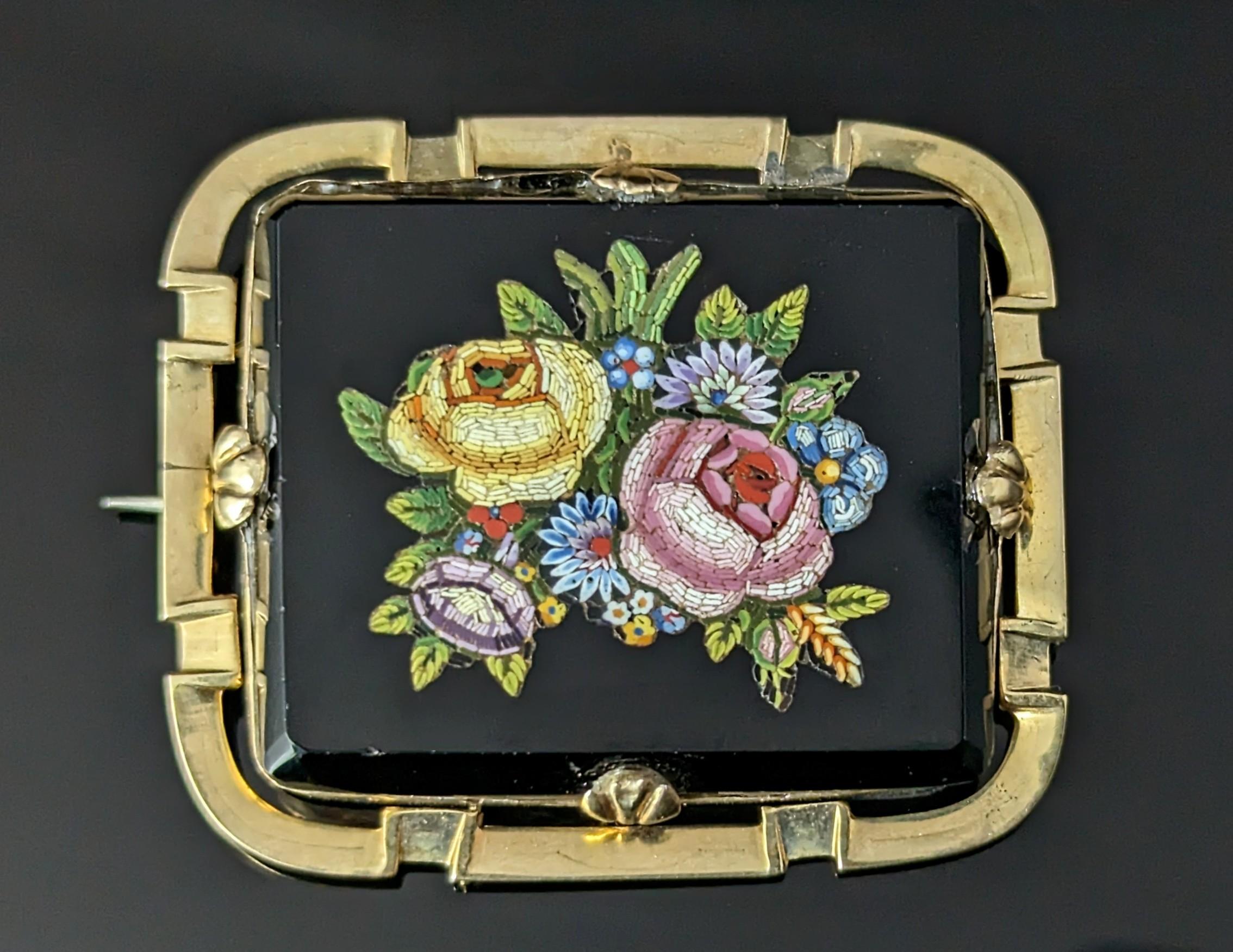 Antique Victorian Micro Mosaic flower brooch, 9k gold  8