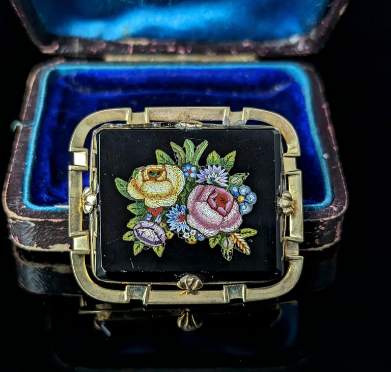 Ancienne Broche Fleurs En Micro Mosaïque - Occasion Très Bon état - Métal Laiton
