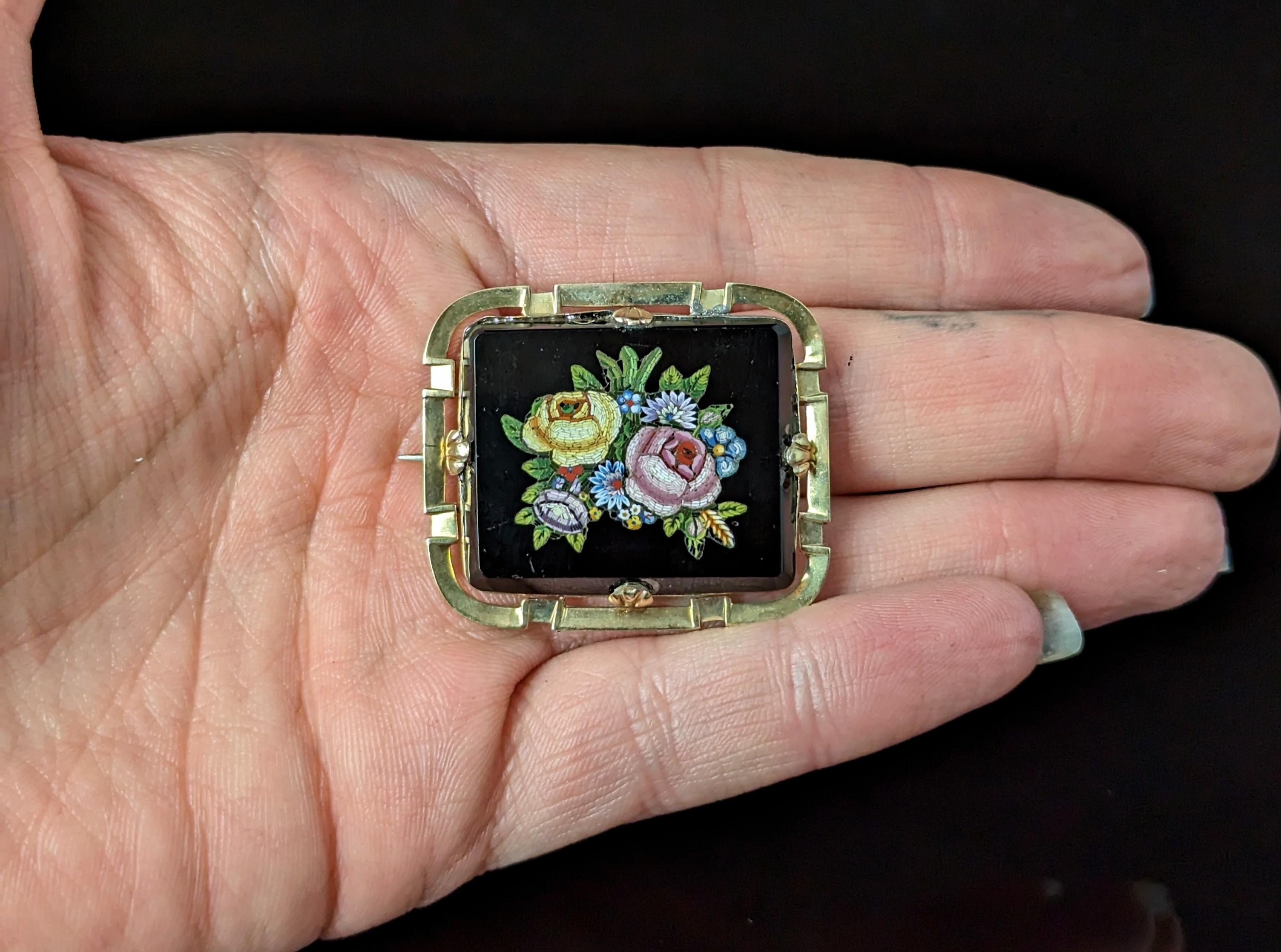 Antique Victorian Micro Mosaic flower brooch, 9k gold  4