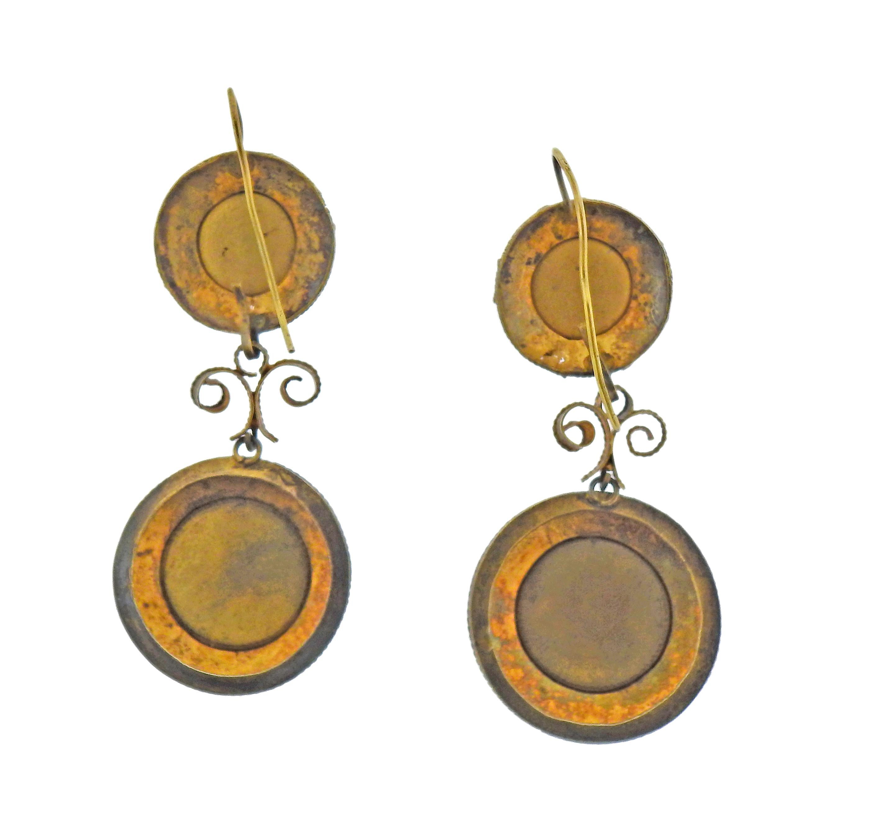 Antique Victorien Micro Mosaic Gold Earrings Brooch Set Pour femmes en vente