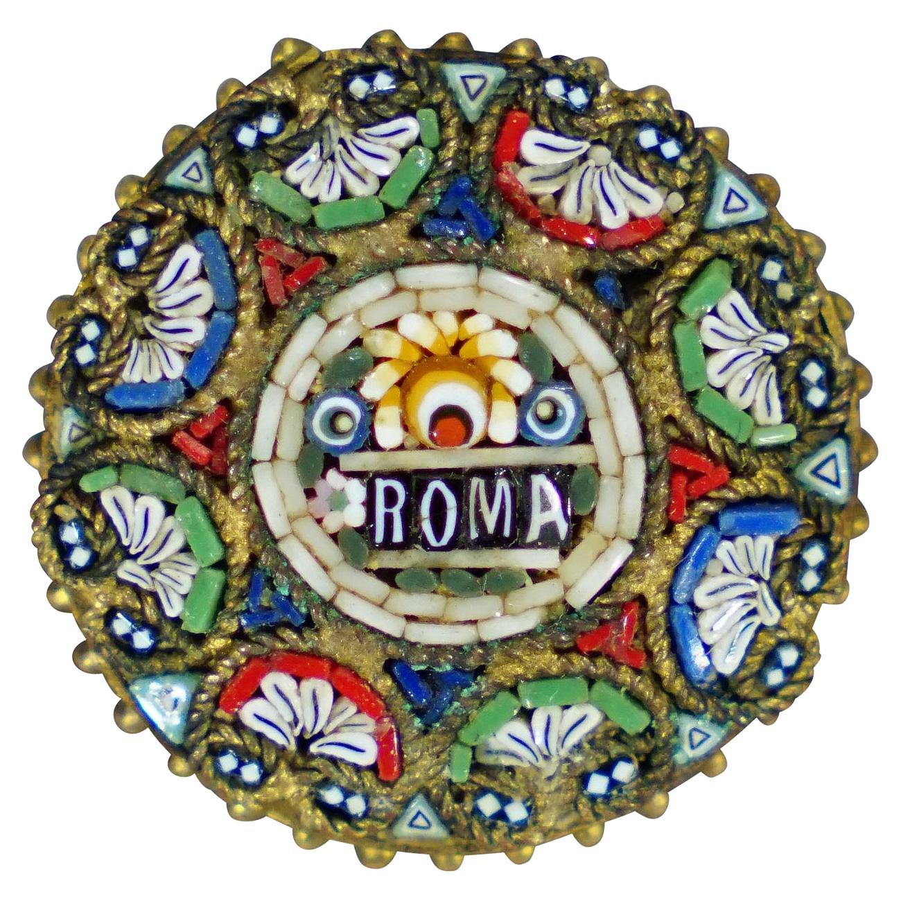 Antique Victorian Micromosaic Brooch with Gilded Framing, Italy Early20thCentury For Sale
