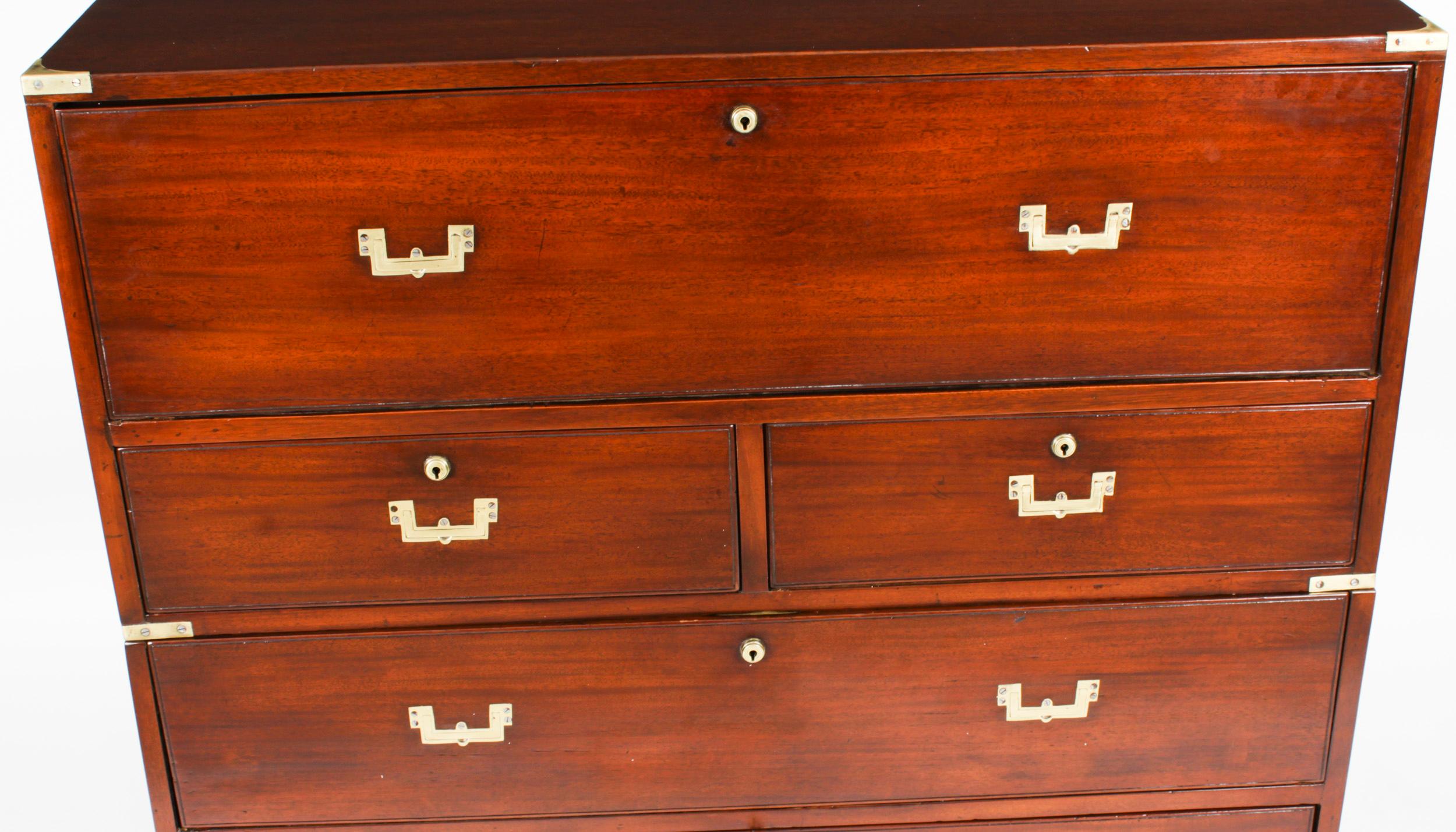 Antique Victorian Military Teak Secretaire Chest of Drawers 19th Century In Good Condition In London, GB