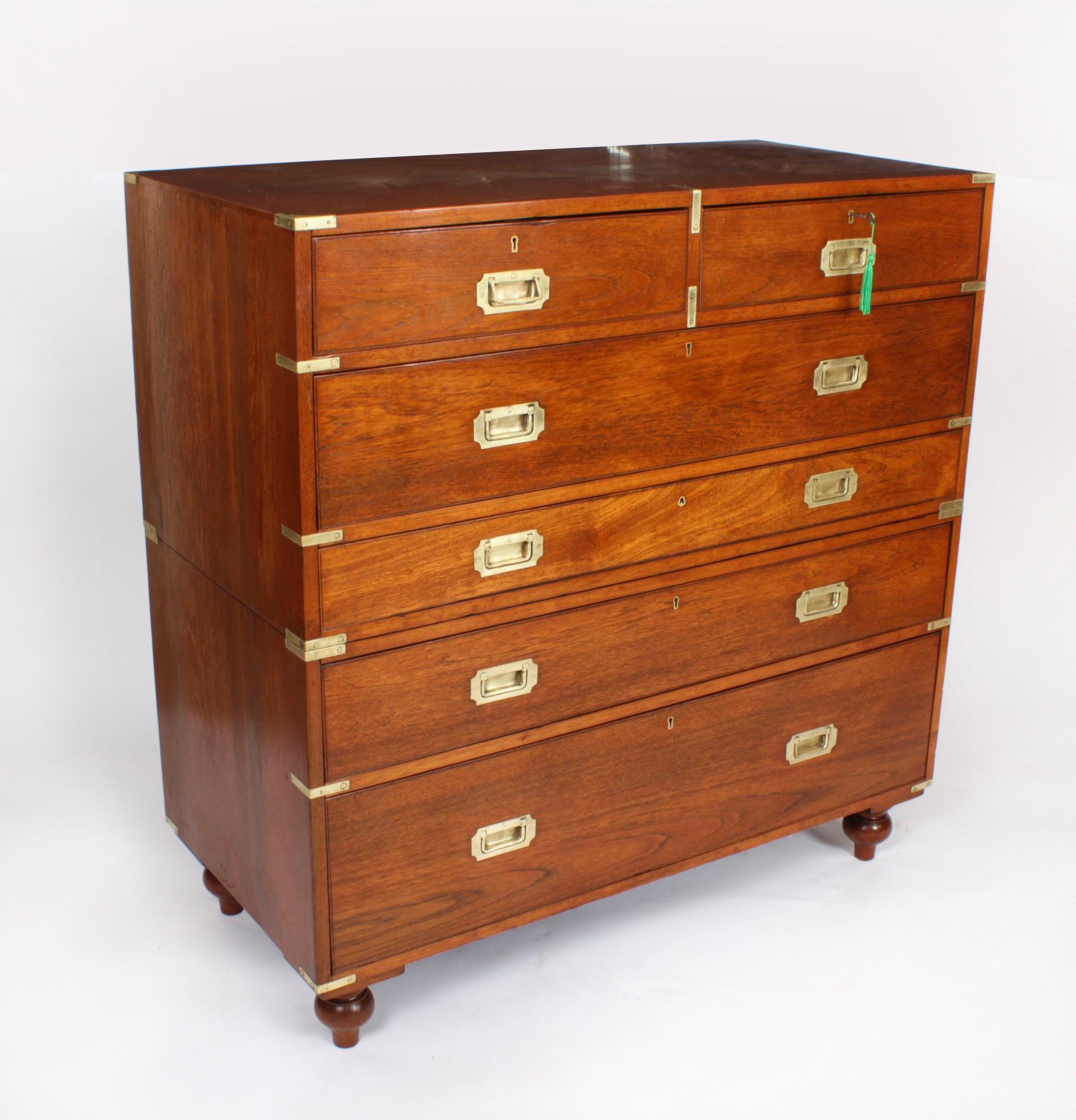 Antique Victorian Military Teak Secretaire Chest of Drawers C1840 19th C 13