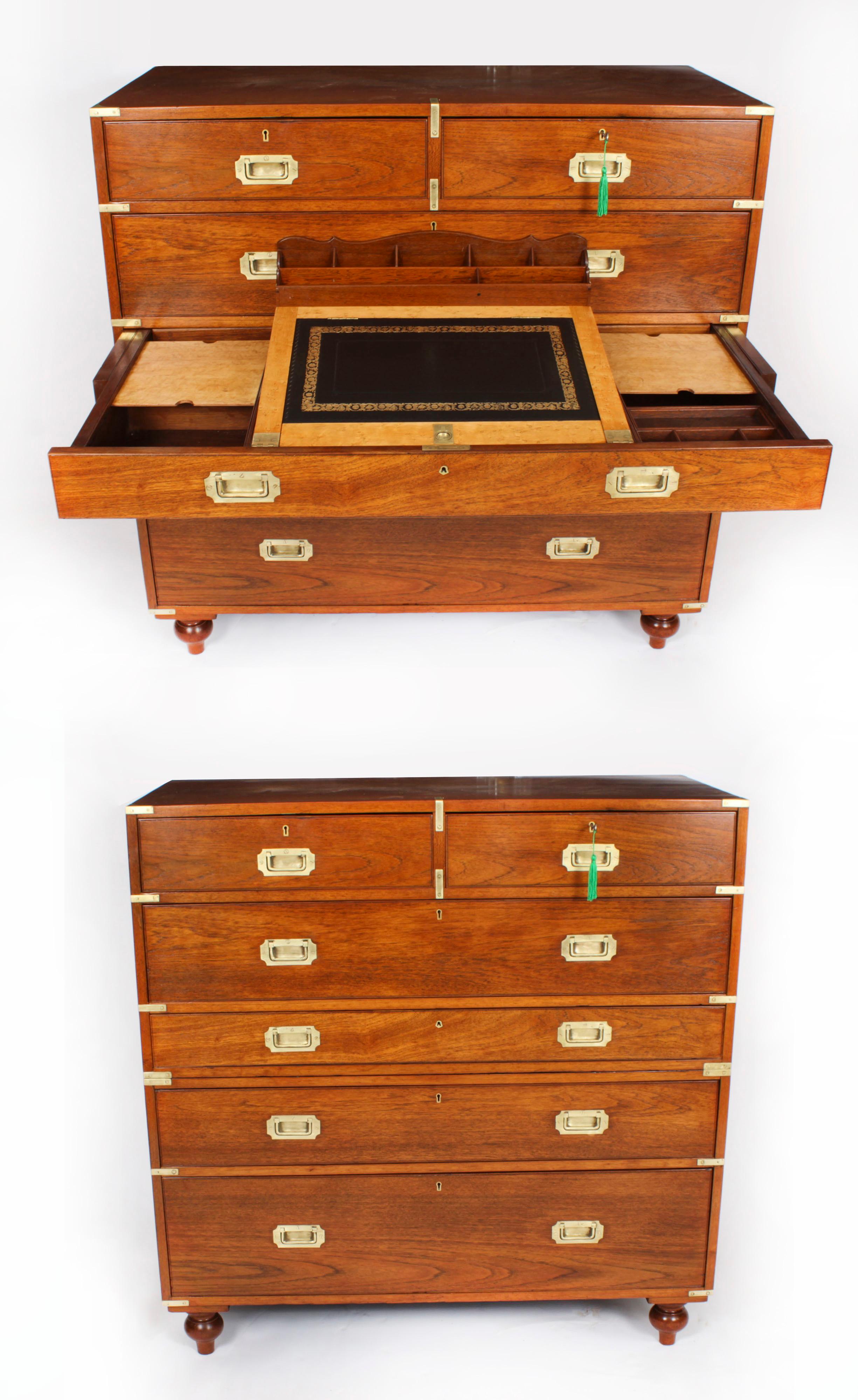 Antique Victorian Military Teak Secretaire Chest of Drawers C1840 19th C 15