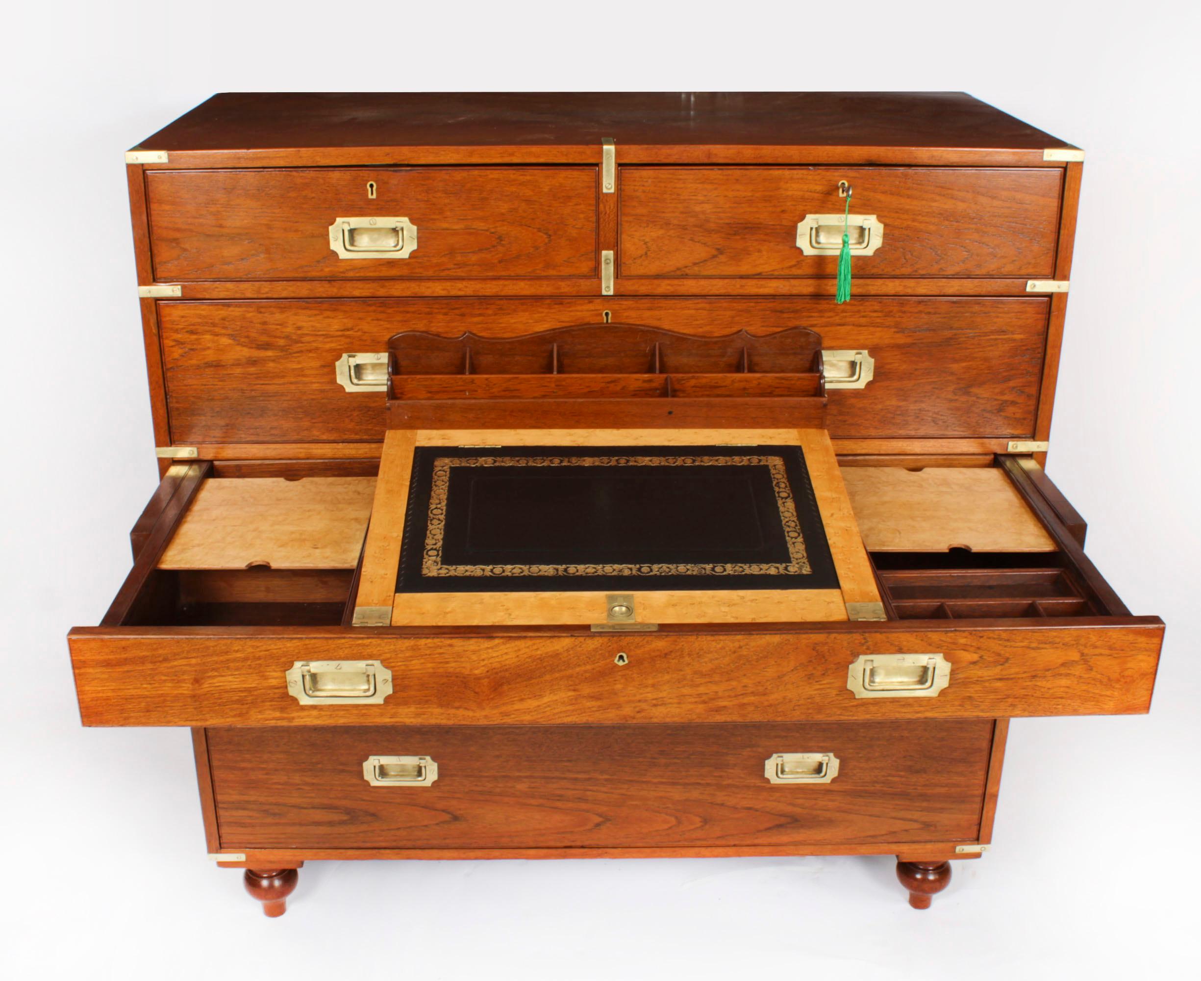 Antique Victorian Military Teak Secretaire Chest of Drawers C1840 19th C In Good Condition In London, GB