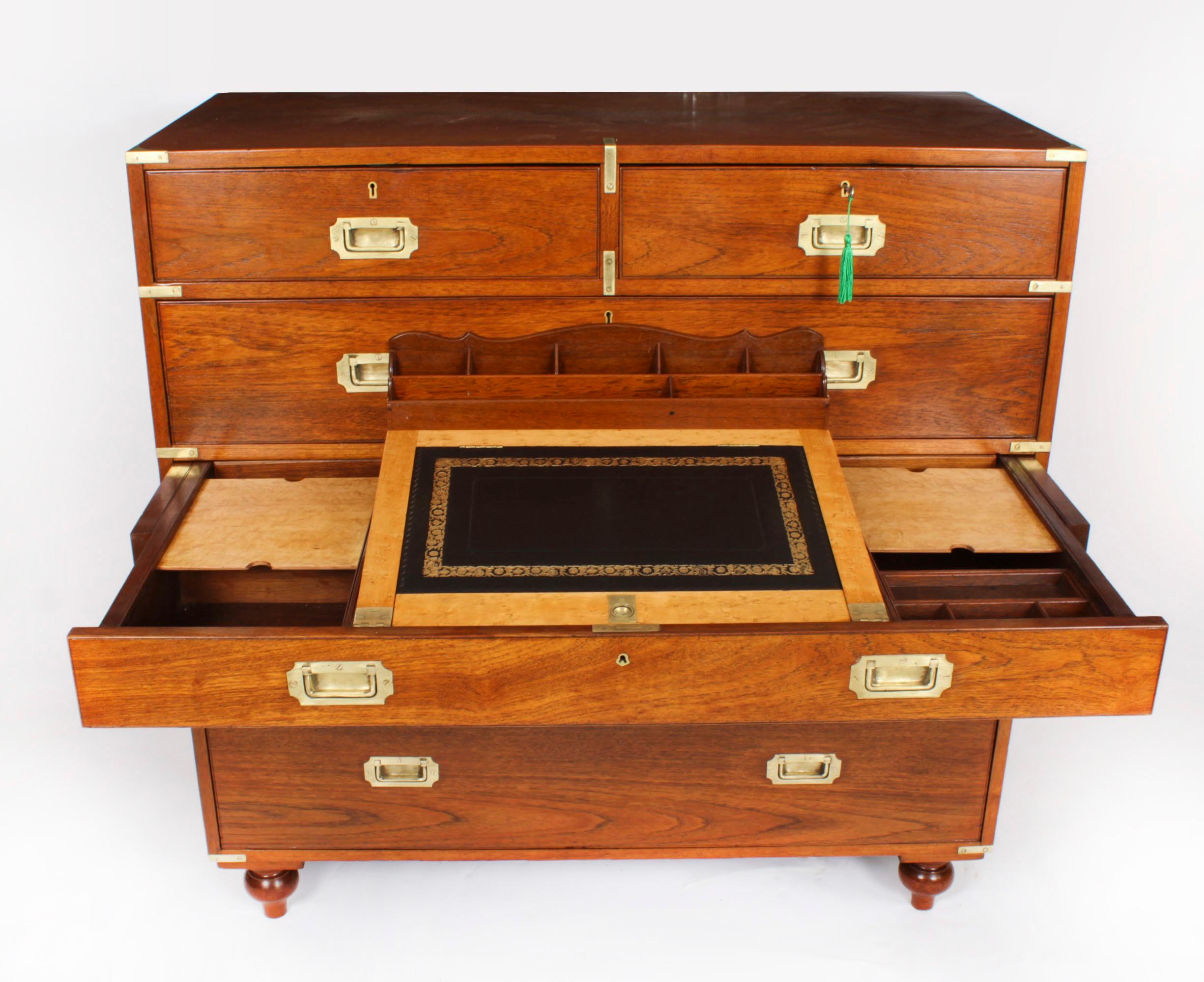 Antique Victorian Military Teak Secretaire Chest of Drawers C1840 19th C In Good Condition For Sale In London, GB