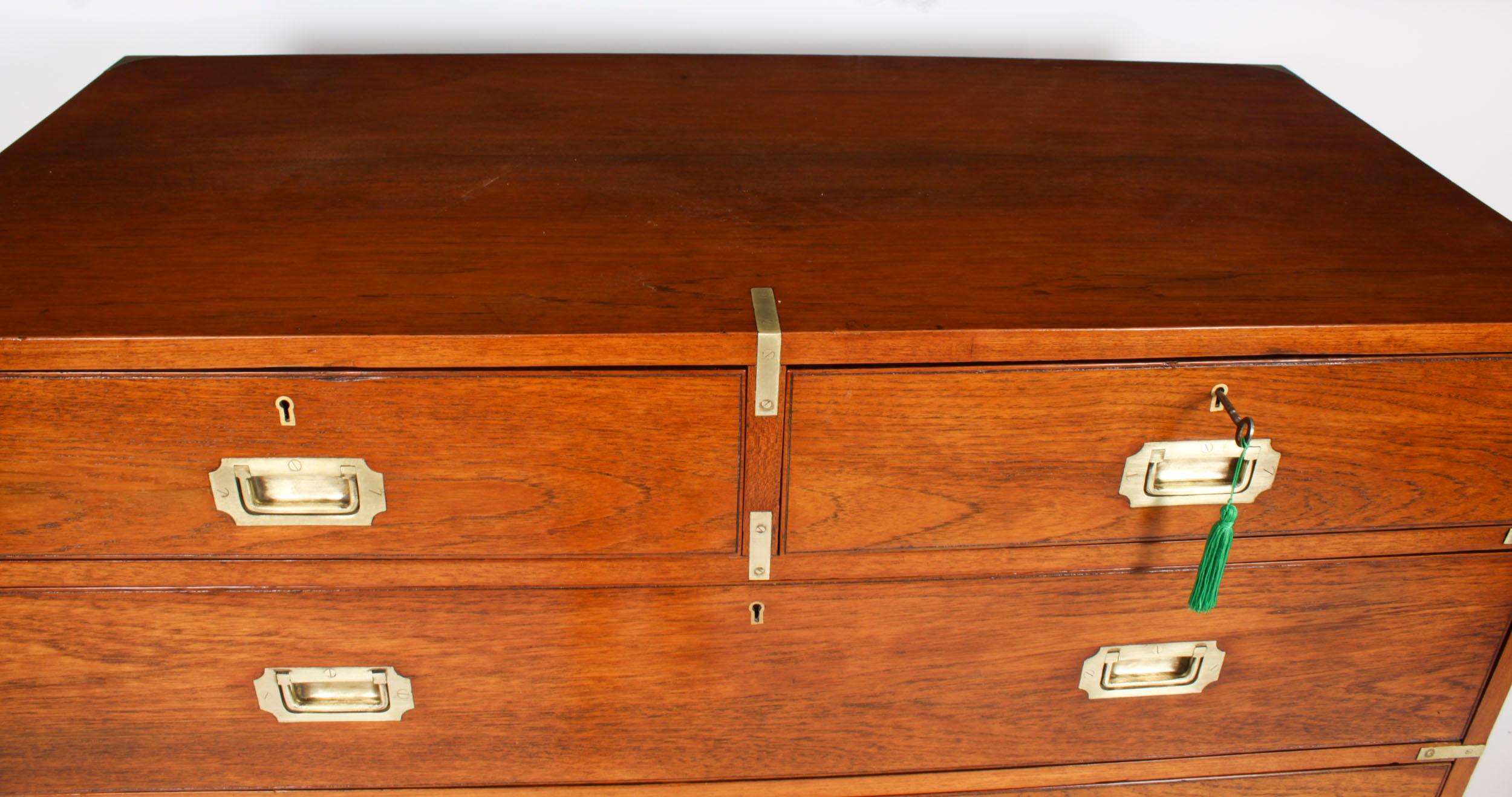Wood Antique Victorian Military Teak Secretaire Chest of Drawers C1840 19th C For Sale