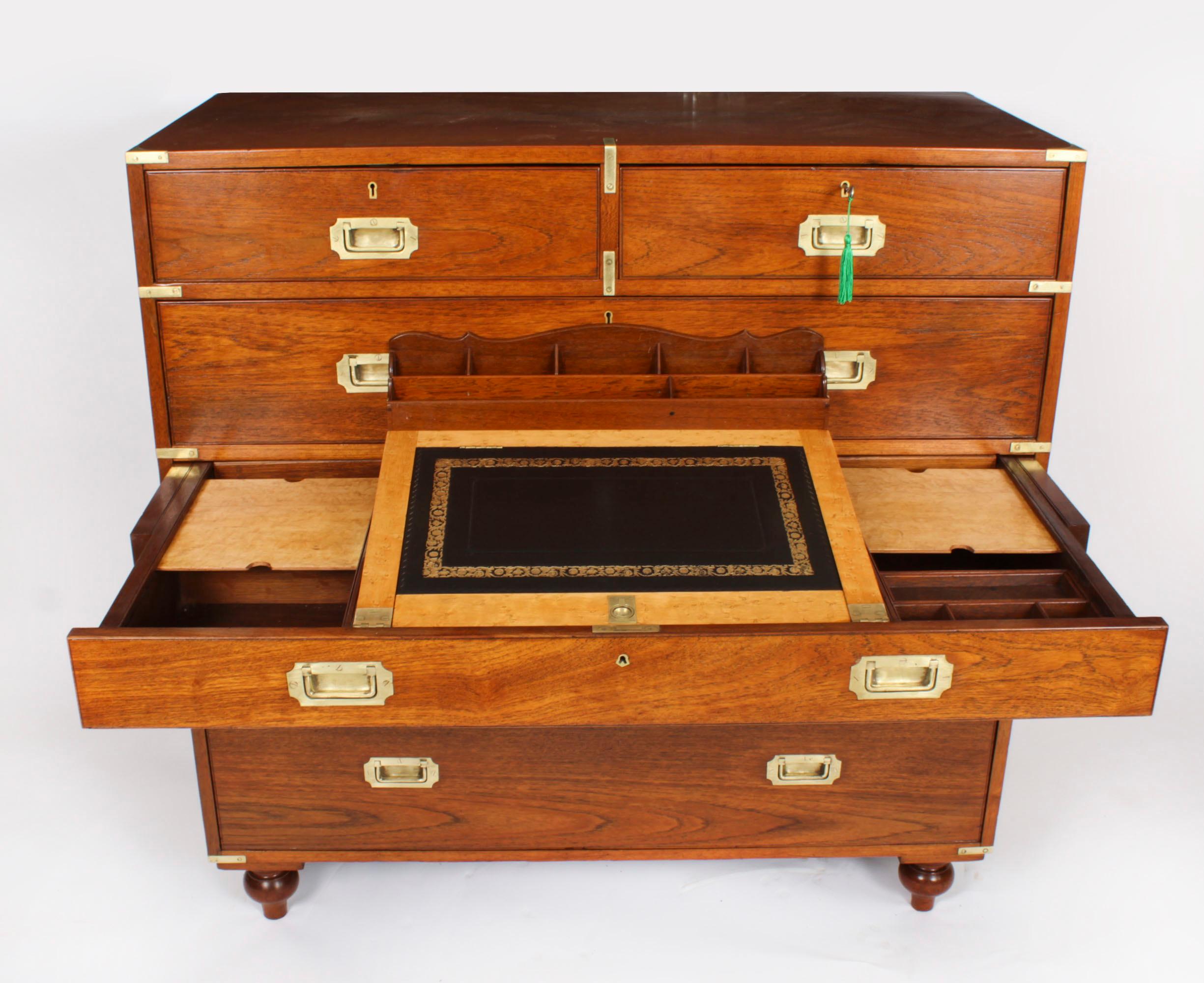 Antique Victorian Military Teak Secretaire Chest of Drawers C1840 19th C For Sale 3