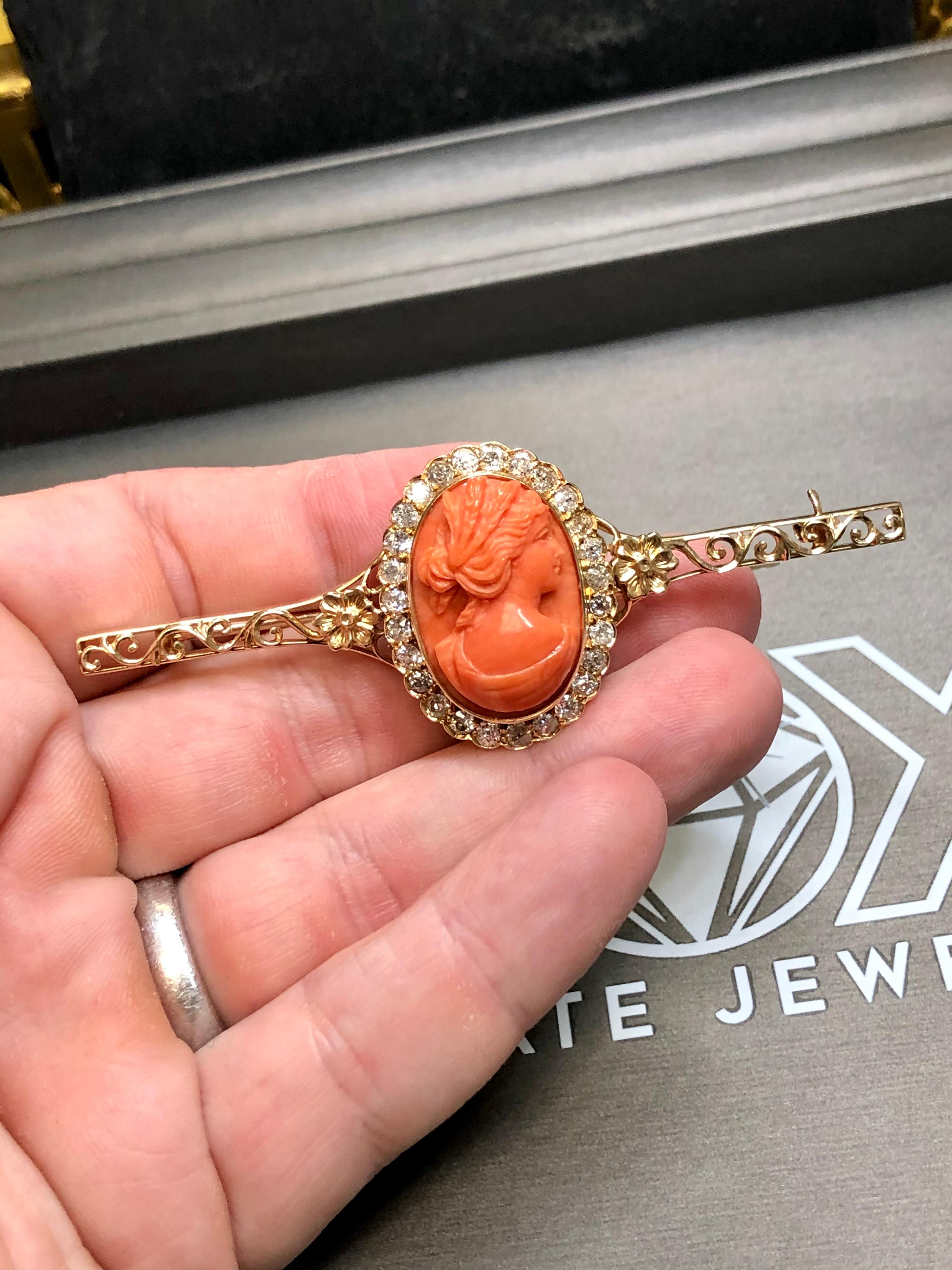 Antique Victorian Mine Cut Diamond Coral Cameo Brooch Pin 2.16cttw In Good Condition For Sale In Winter Springs, FL