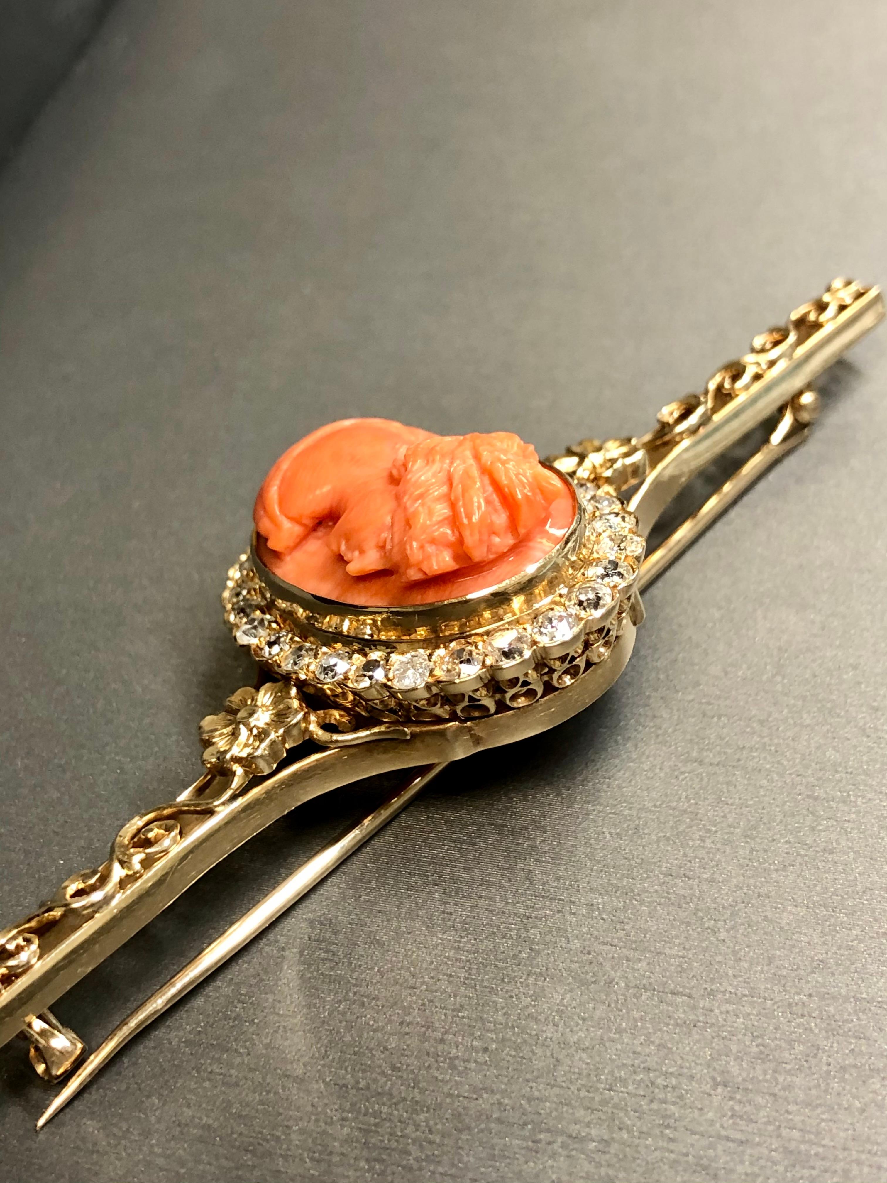 Women's or Men's Antique Victorian Mine Cut Diamond Coral Cameo Brooch Pin 2.16cttw For Sale