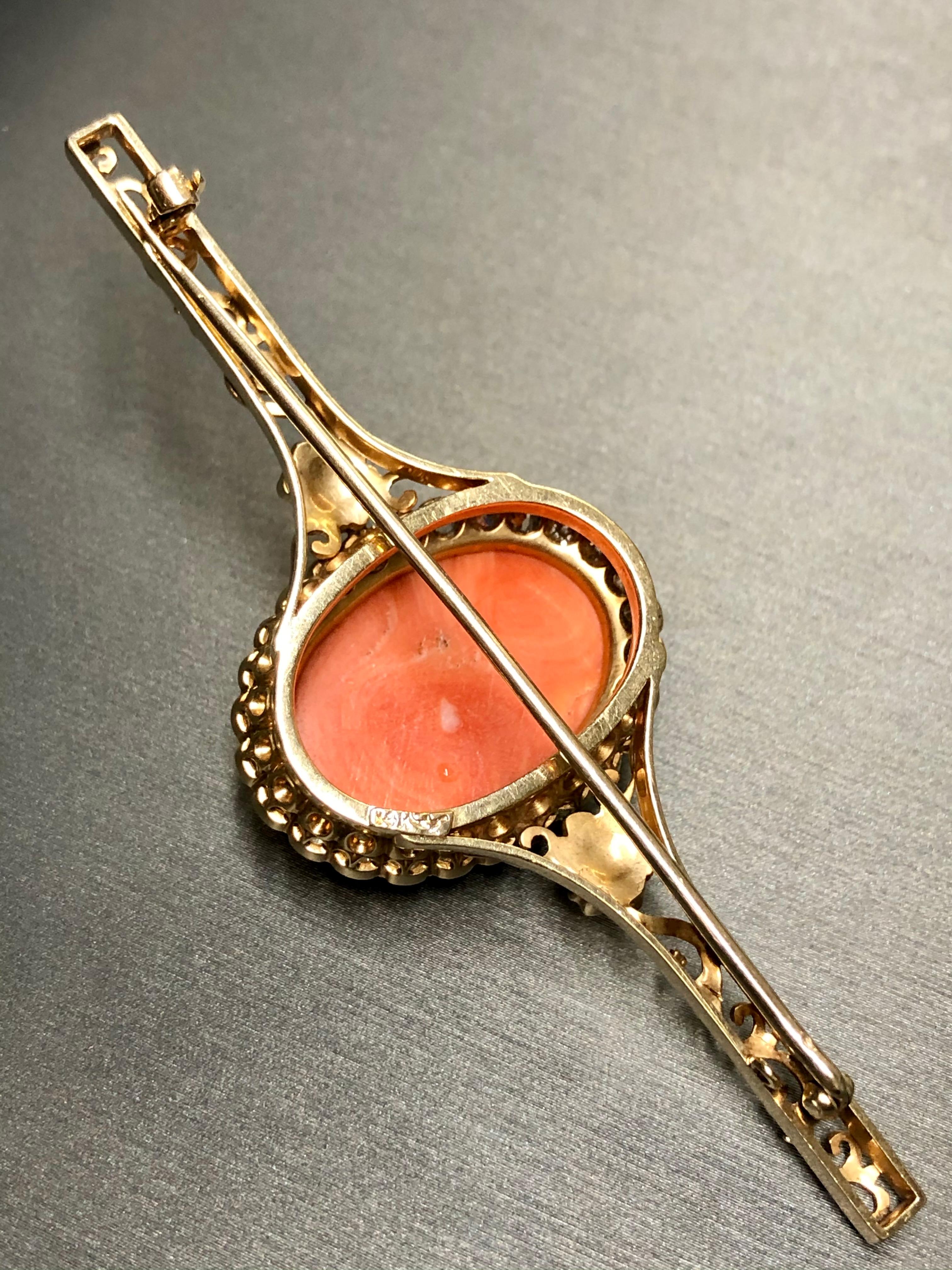 Antique Victorian Mine Cut Diamond Coral Cameo Brooch Pin 2.16cttw For Sale 1