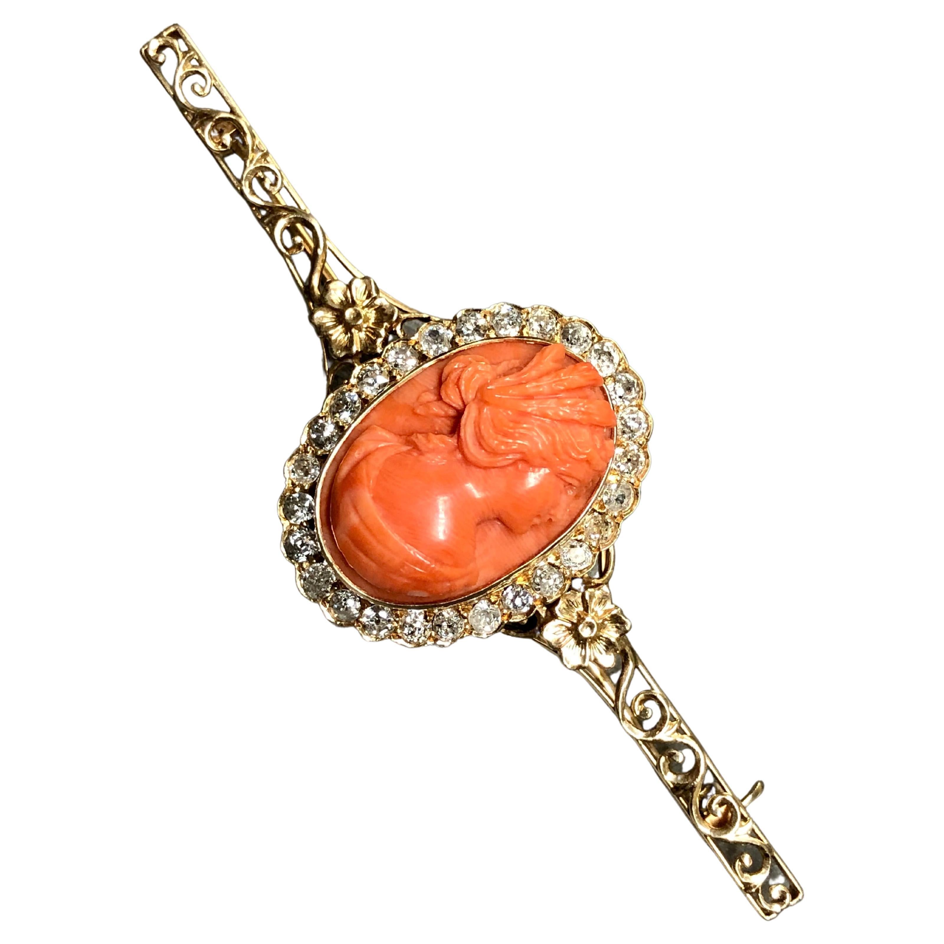 Antique Victorian Mine Cut Diamond Coral Cameo Brooch Pin 2.16cttw For Sale