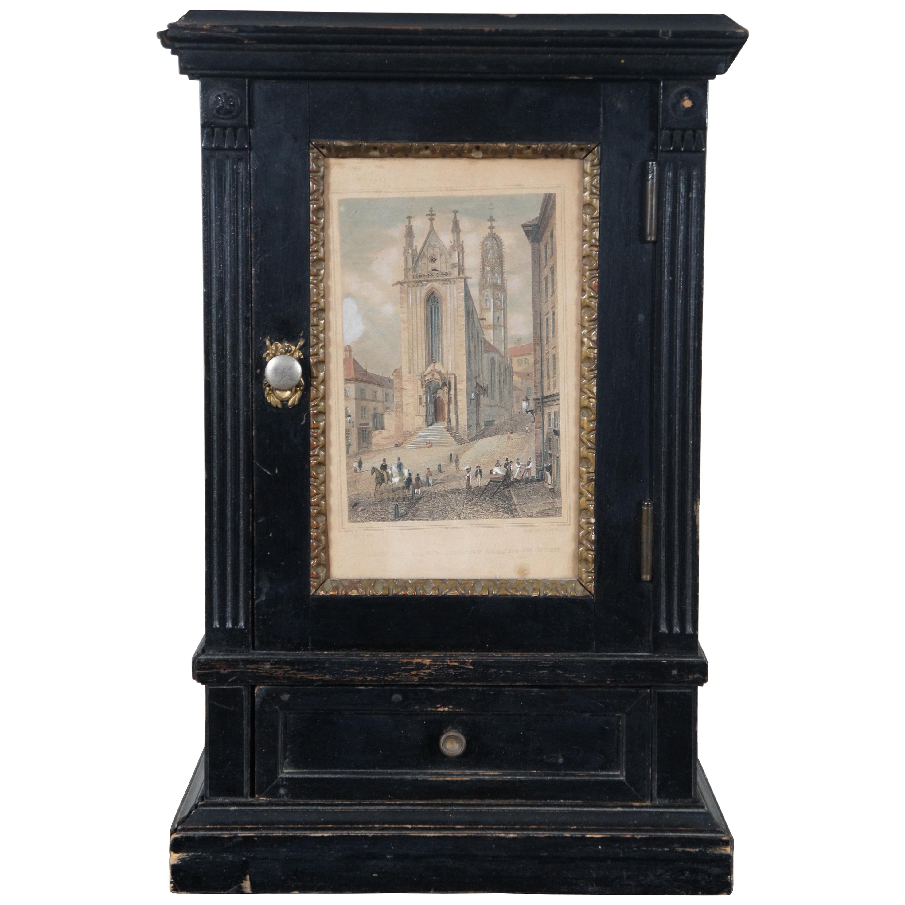 Antike viktorianische Miniatur-Schrank-Tischschrank-Rauchgravur, Stiegen, antik