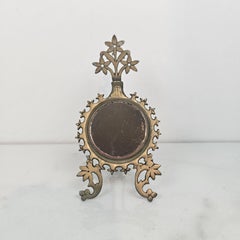 Antique Victorian Miniature Cast Brass Table Mirror with Foliate Motif, ca. 1900