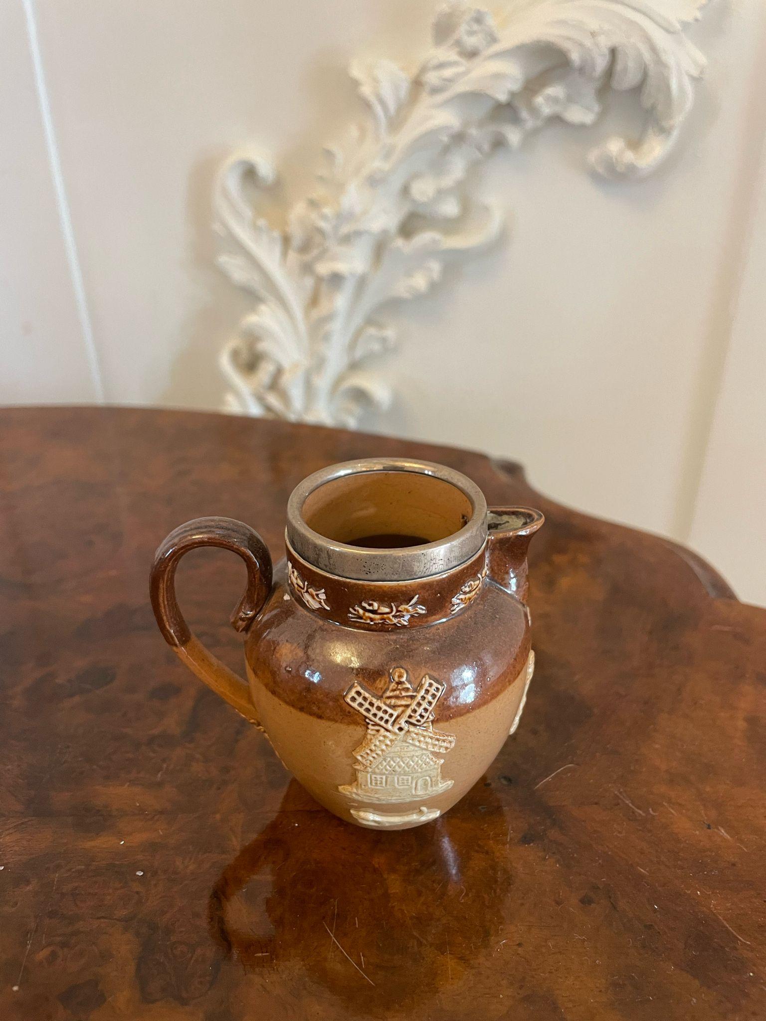 Antique Victorian Miniature Doulton Three Piece Tea Set having a salt glaze with silver edging.


A charming example in perfect condition


Dimensions:
Teapot Height 10 x Width 6 x Depth 9.5 cm
Milk Jug 7 x 8 x 6 cm
Sugar Bowl 6.5 x 10 x 7