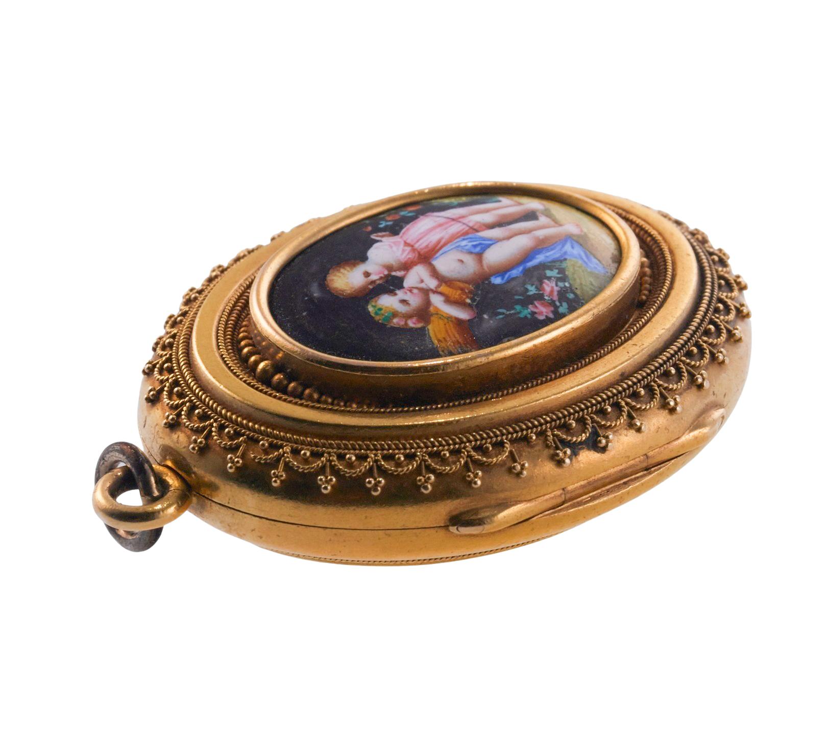 Antike viktorianische Miniature Hand Malerei Medaillon Anhänger im Angebot 2