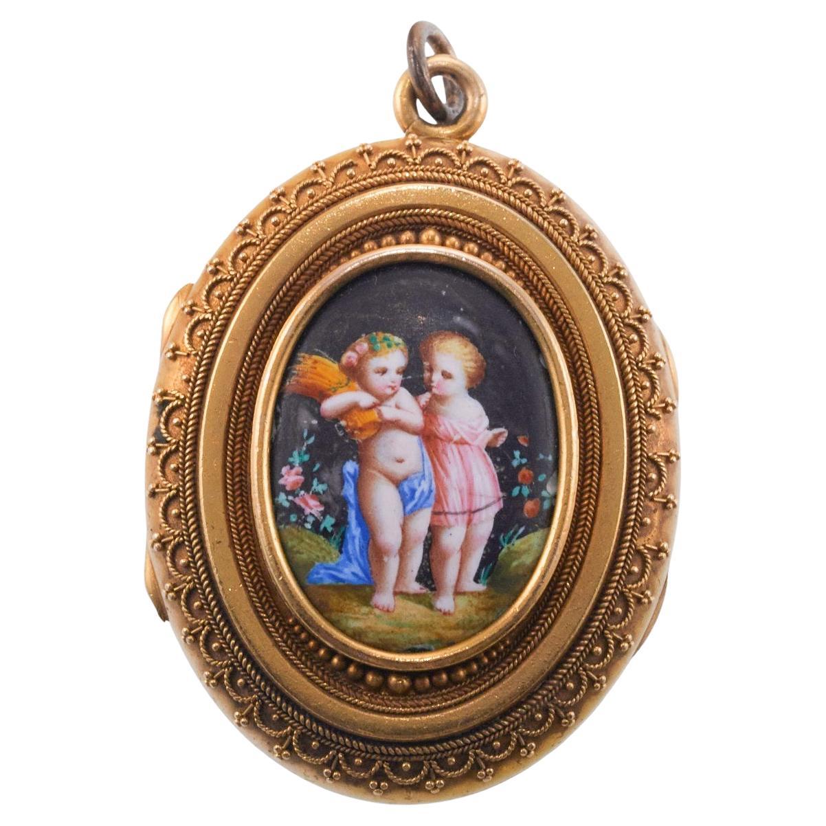 Antique Victorian Miniature Hand Painting Locket Pendant For Sale