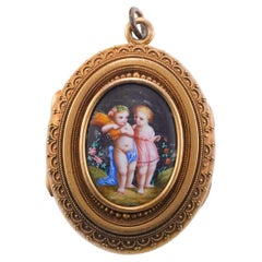 Antique pendentif miniature victorien avec peinture à la main