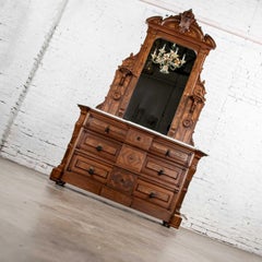 Antique Victorian Mirrored Dresser in Walnut & Burl Walnut with White Marble Top