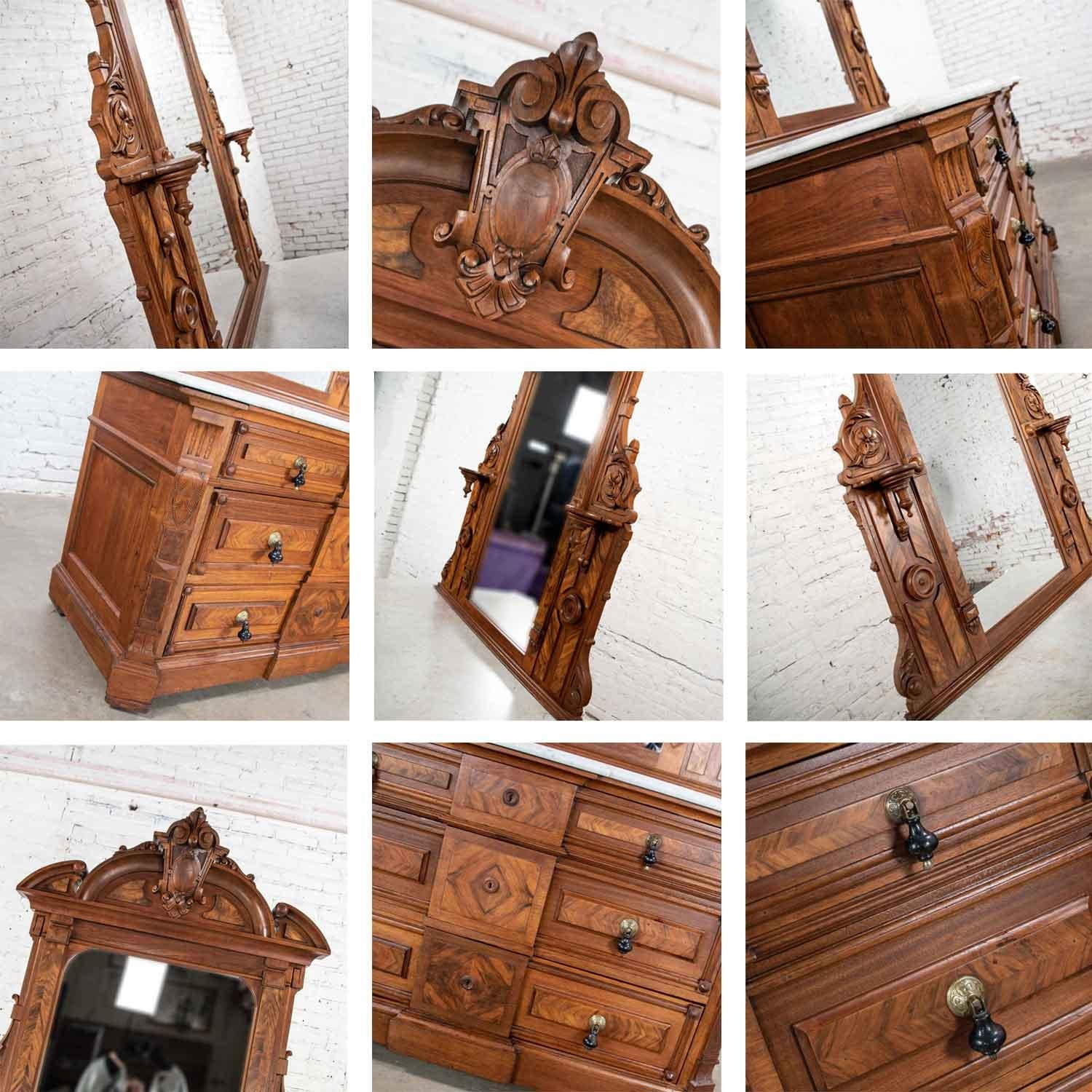 American Antique Victorian Mirrored Dresser in Walnut & Burl Walnut with White Marble Top For Sale