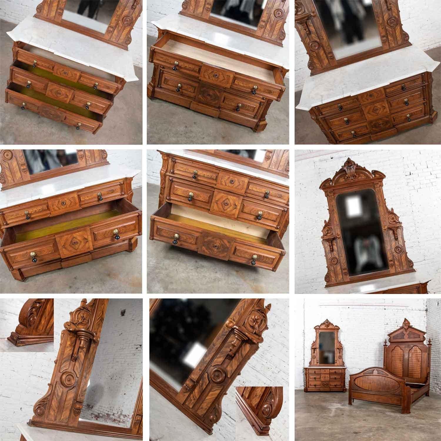 Antique Victorian Mirrored Dresser in Walnut & Burl Walnut with White Marble Top In Good Condition For Sale In Topeka, KS