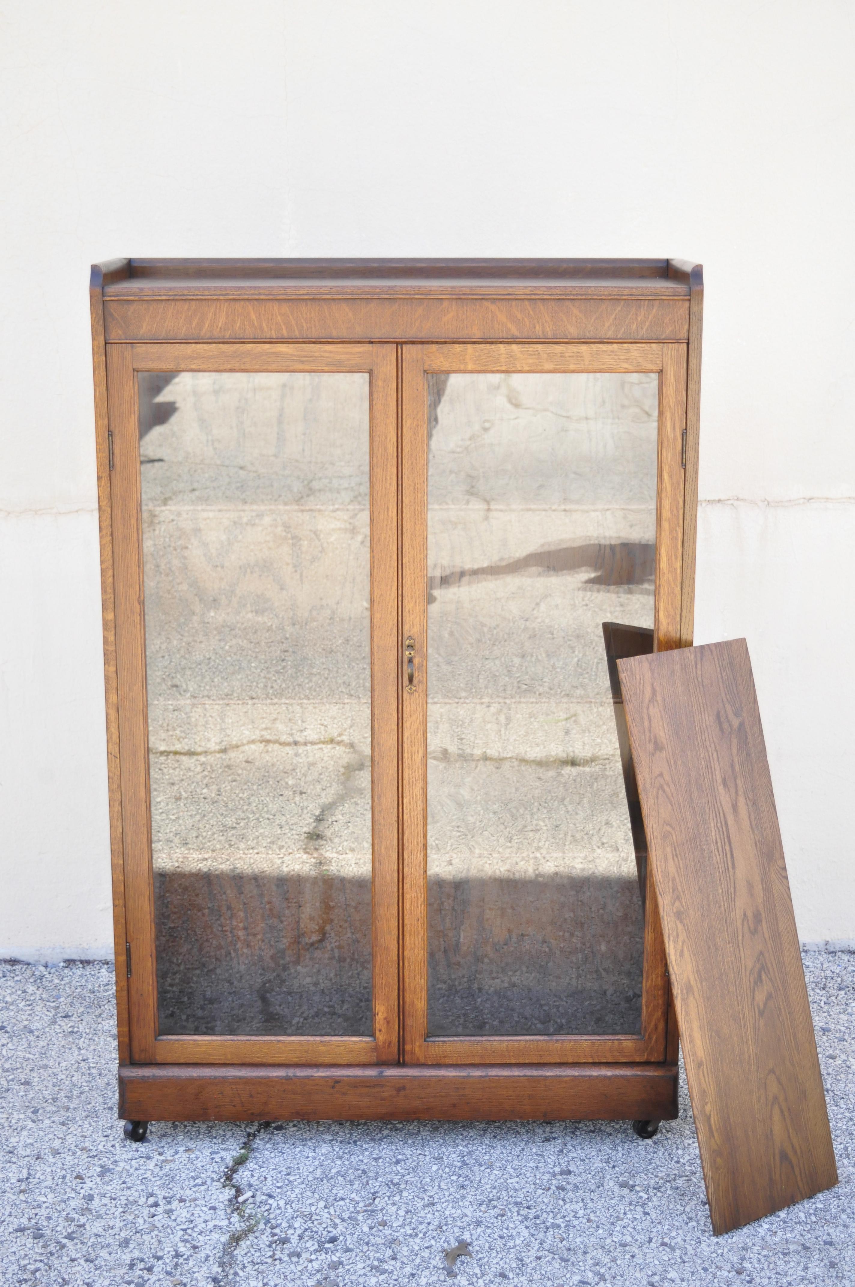 Antique Victorian Mission Oak Glass Two Door Small Bookcase Curio Cabinet 4