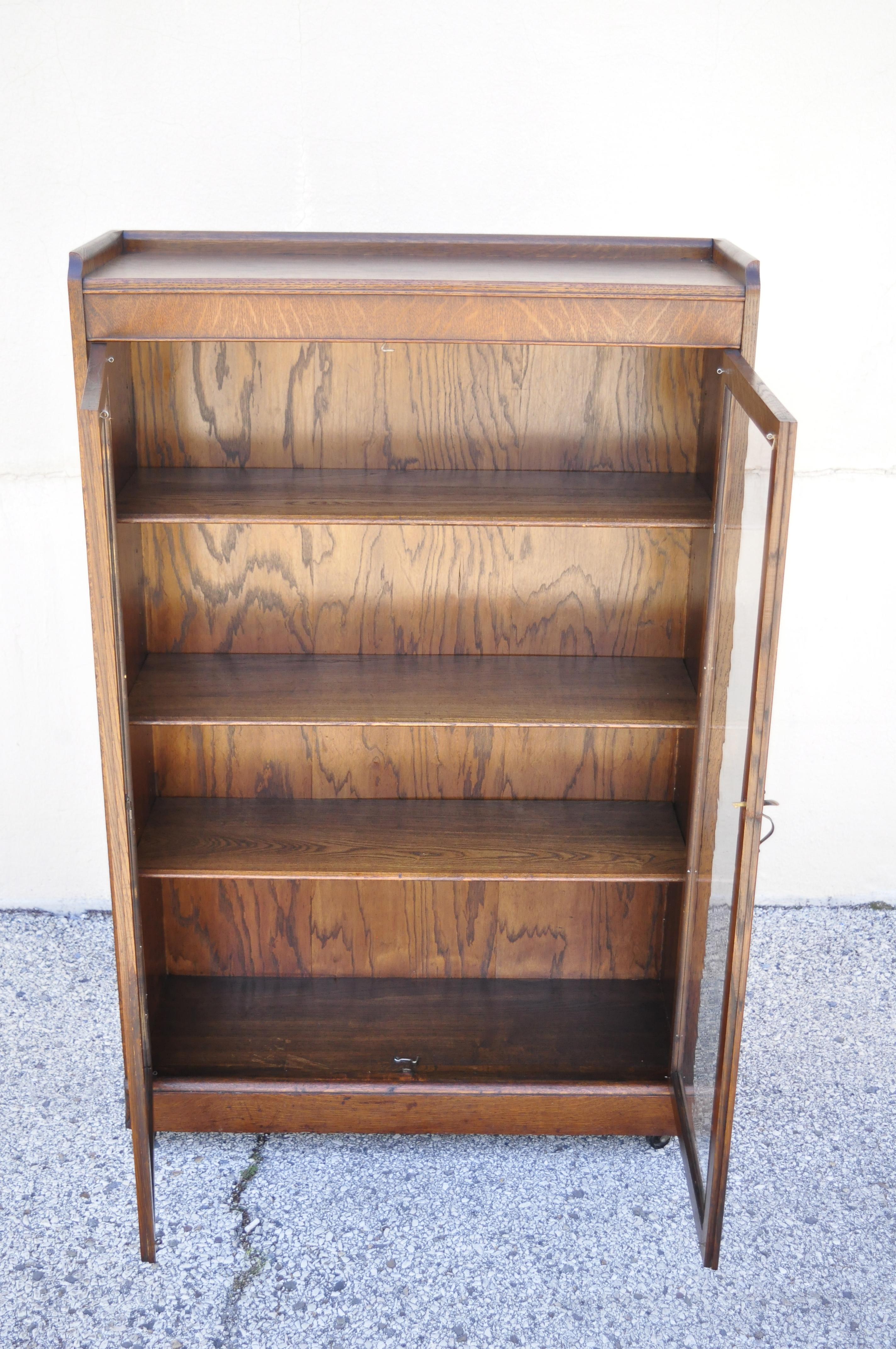 20th Century Antique Victorian Mission Oak Glass Two Door Small Bookcase Curio Cabinet
