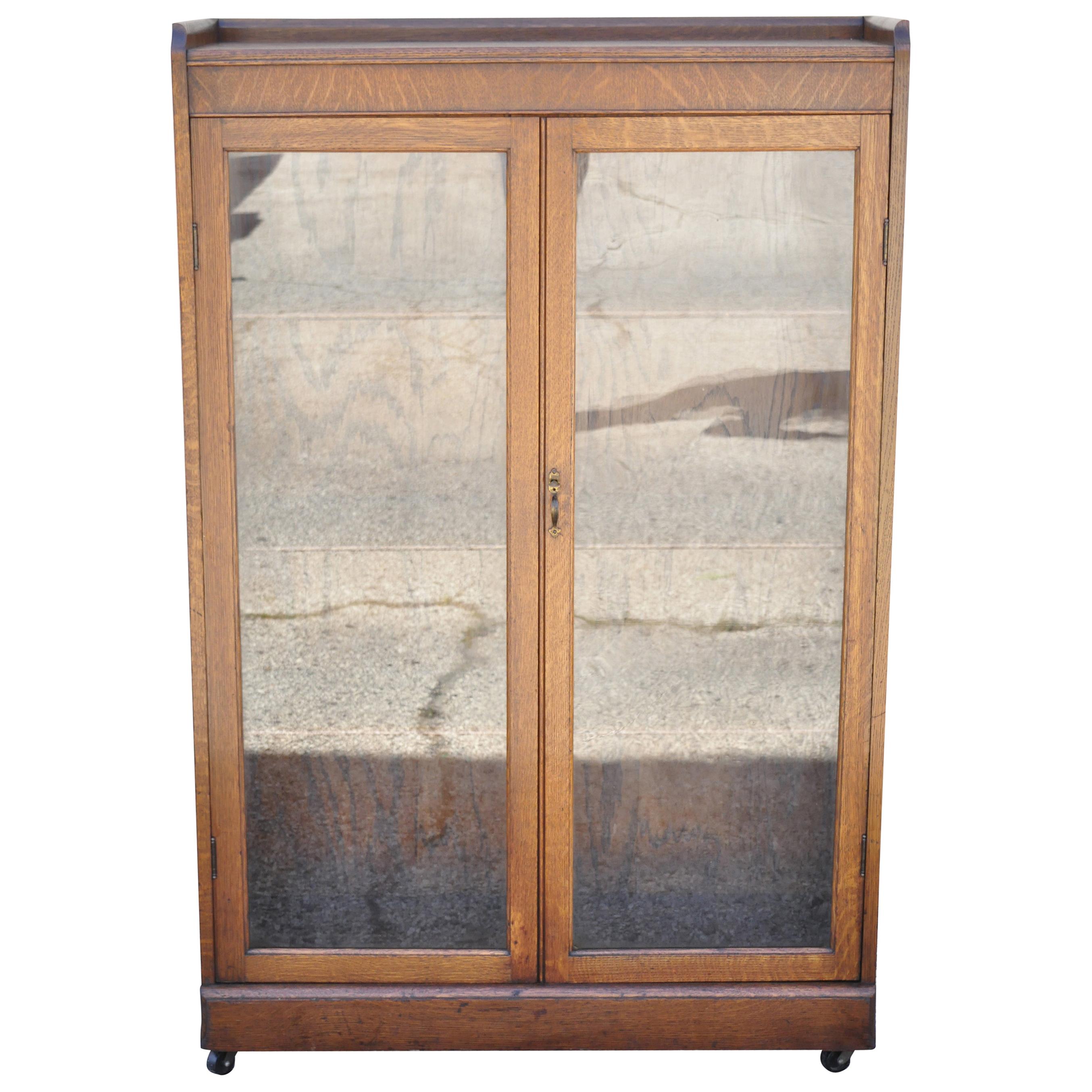 Antique Victorian Mission Oak Glass Two Door Small Bookcase Curio Cabinet