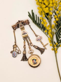 Antique Victorian Mixed Gold Egyptian Revival Enamel Watch Chatelaine Brooch