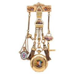 Antique Victorian Mixed Gold Egyptian Revival Enamel Watch Chatelaine Brooch