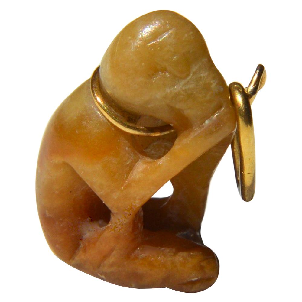 Antique Victorian Monkey Speak No Evil Jade 18 Karat Gold Charm Pendant For Sale