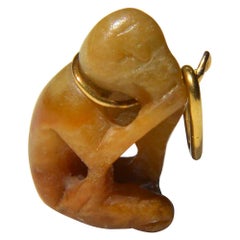 Antique Victorian Monkey Speak No Evil Jade 18 Karat Gold Charm Pendant