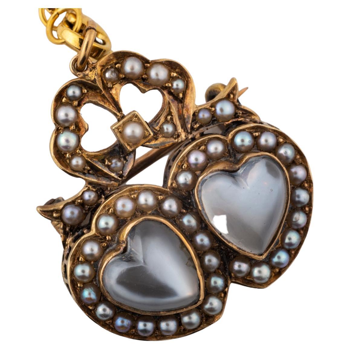 Antique Victorian Moonstone and Pearl Double Heart Pendant/Brooch For Sale