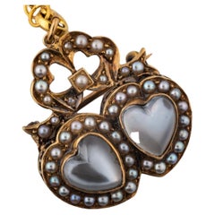 Antique Victorian Moonstone and Pearl Double Heart Pendant/Brooch