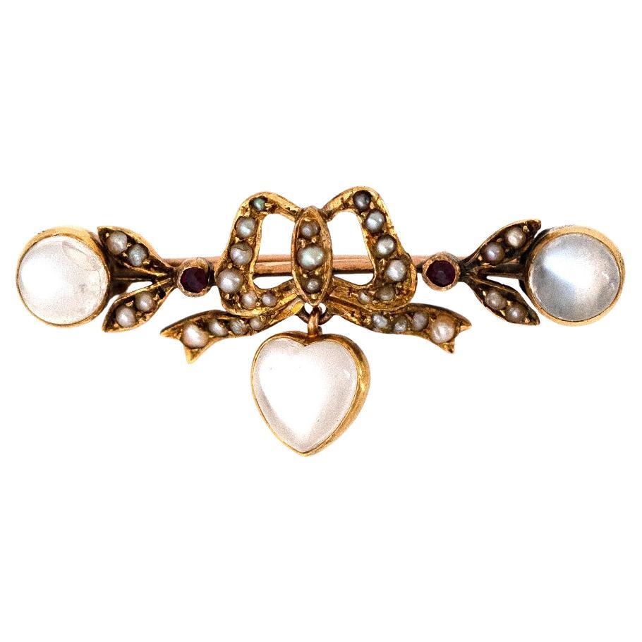 Antique Victorian Moonstone Bow Pearl 9ct Gold Brooch