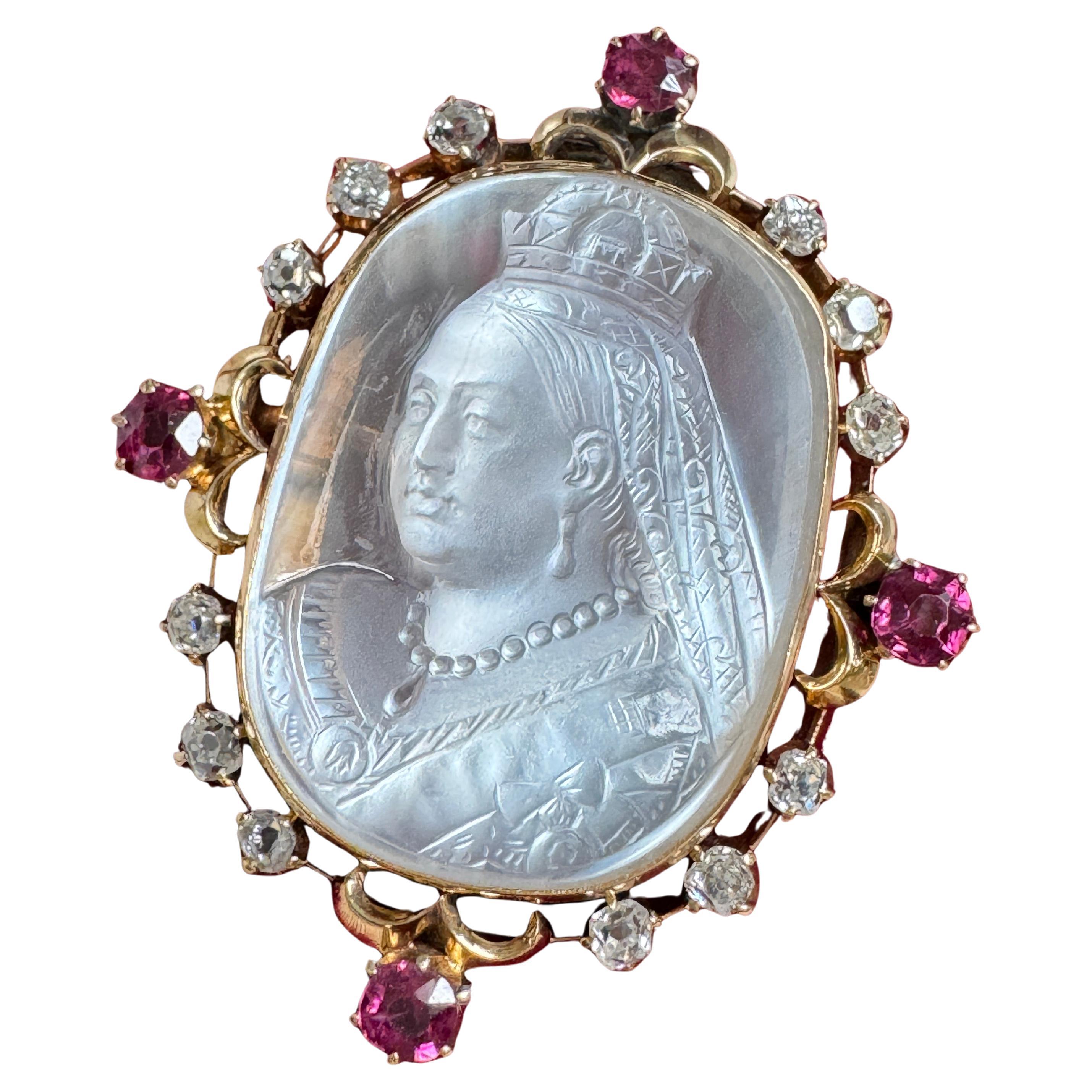 Antique Victorian Moonstone Cameo Curvette of Queen Victoria For Sale