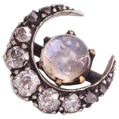 Antique Victorian Moonstone Diamond Crescent Stud Earring