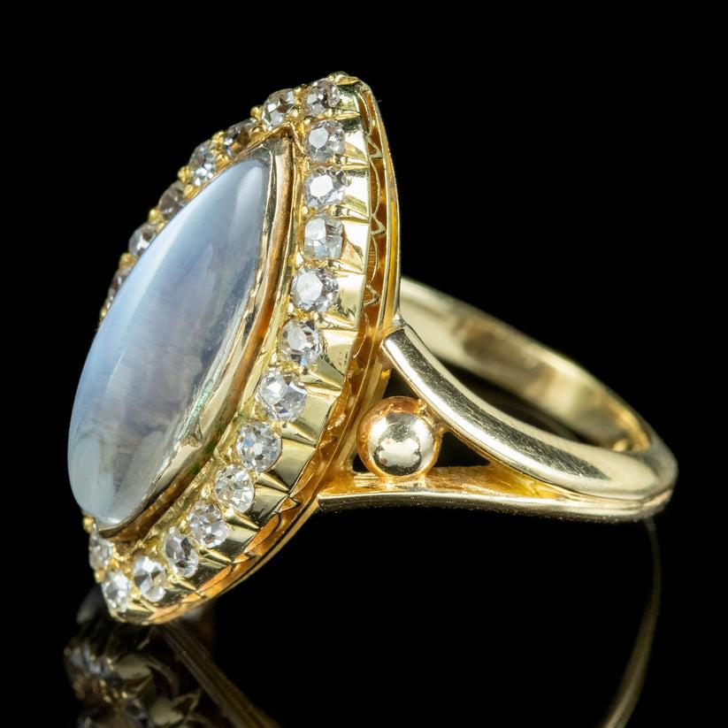 Old Mine Cut Antique Victorian Moonstone Diamond Navette Ring in 2.20ct Moonstone For Sale