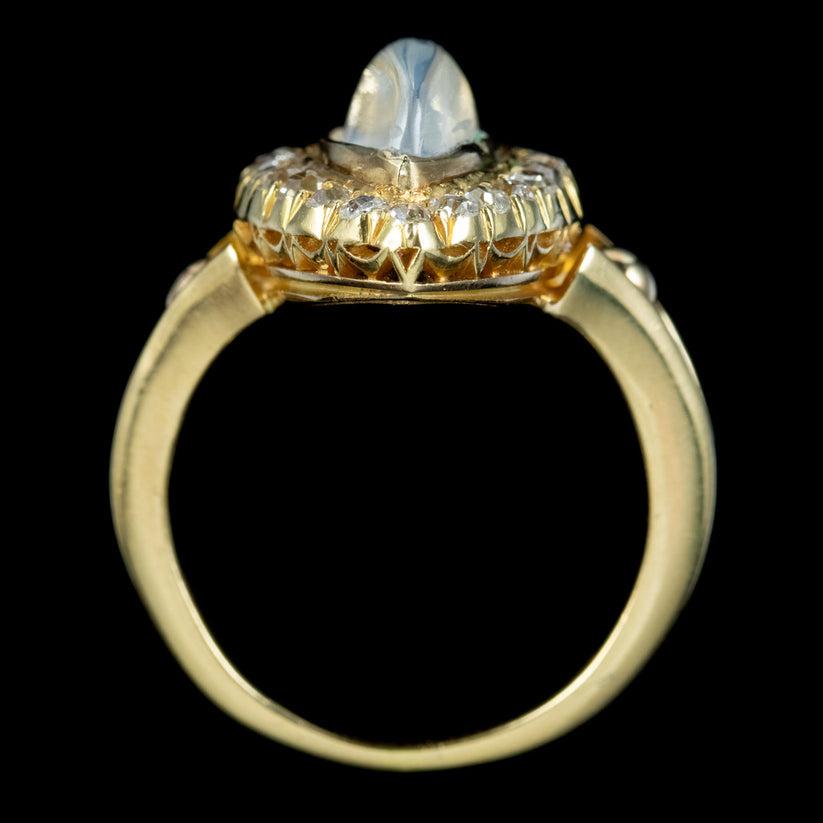 Women's Antique Victorian Moonstone Diamond Navette Ring in 2.20ct Moonstone For Sale