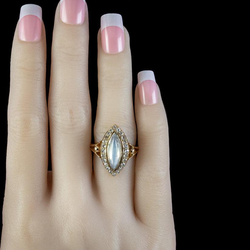 Antique Victorian Moonstone Diamond Navette Ring in 2.20ct Moonstone For Sale 1