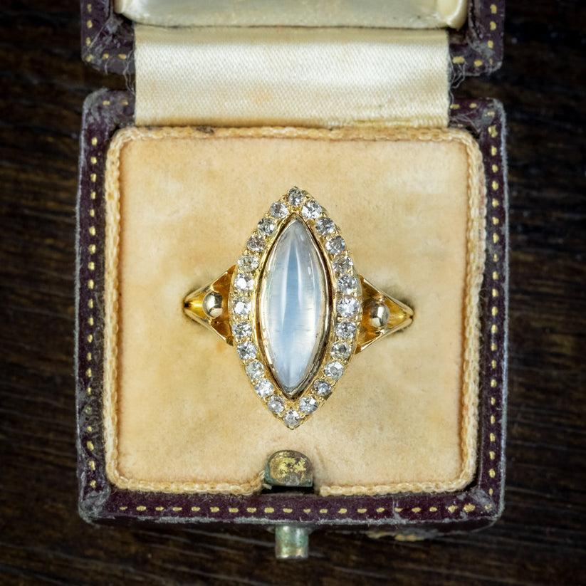 Antique Victorian Moonstone Diamond Navette Ring in 2.20ct Moonstone For Sale 2
