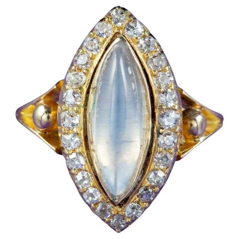 Antique Victorian Moonstone Diamond Navette Ring in 2.20ct Moonstone For Sale