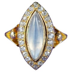 Antique Victorian Moonstone Diamond Navette Ring in 2.20ct Moonstone