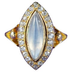 Bague navette victorienne ancienne en pierre de lune et diamants de 2,20 carats