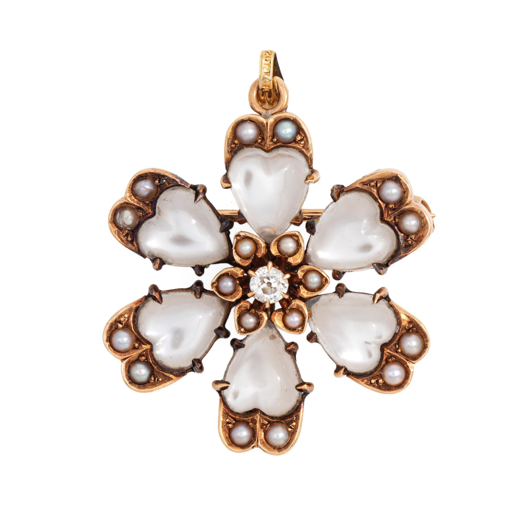 Heart Cut Antique Victorian Moonstone Flower Pendant Diamond 14k Yellow Gold Pearl Heart For Sale