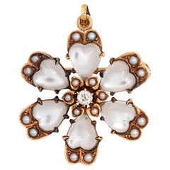 Antique Victorian Moonstone Flower Pendant Diamond 14k Yellow Gold Pearl Heart