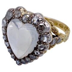 Victorian 18 Karat Gold Silver Diamond Moonstone Cabochon Heart Love Token Ring